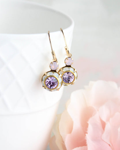 Art Deco Floral Earrings | Rose Opal and Violet Purple Glass