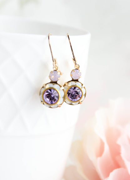 Art Deco Floral Earrings | Rose Opal and Violet Purple Glass