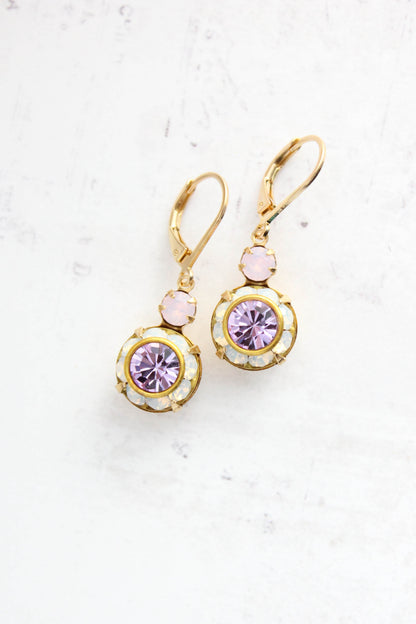 Art Deco Floral Earrings | Rose Opal and Violet Purple Glass