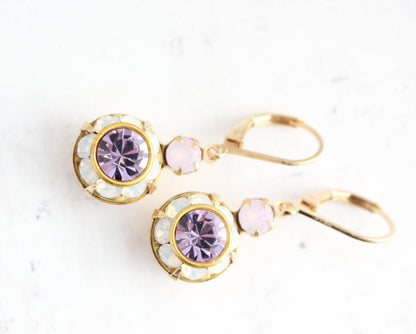 Art Deco Floral Earrings | Rose Opal and Violet Purple Glass