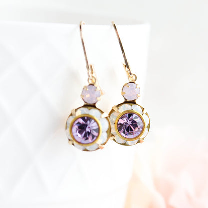 Art Deco Floral Earrings | Rose Opal and Violet Purple Glass