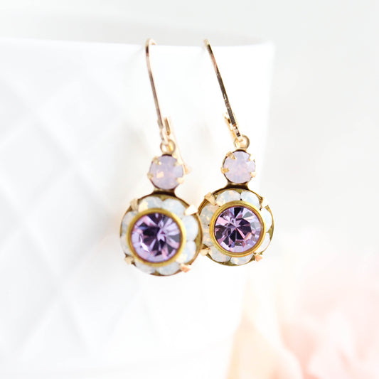 Art Deco Floral Earrings | Rose Opal and Violet Purple Glass