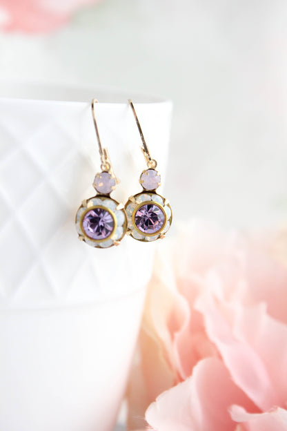 Art Deco Floral Earrings | Rose Opal and Violet Purple Glass