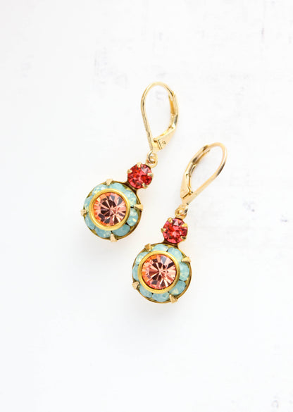 Art Deco Floral Earrings | Coral Red & Aqua Opal Glass