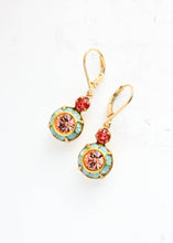 Load image into Gallery viewer, Art Deco Floral Earrings | Coral Red, Apricot blush and Aqua Opal Glass