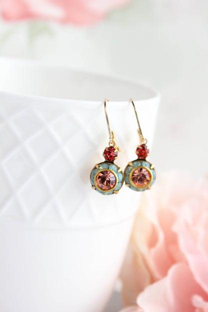Art Deco Floral Earrings | Coral Red & Aqua Opal Glass