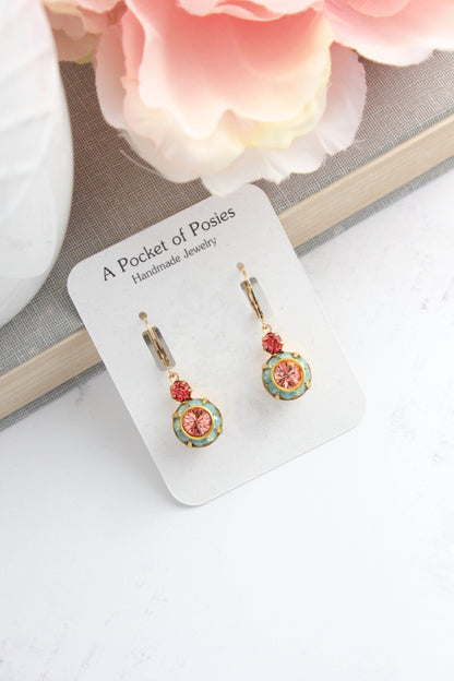 Art Deco Floral Earrings | Coral Red & Aqua Opal Glass