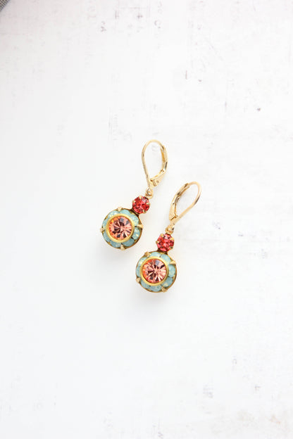 Art Deco Floral Earrings | Coral Red & Aqua Opal Glass