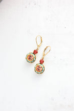 Load image into Gallery viewer, Art Deco Floral Earrings | Coral Red, Apricot blush and Aqua Opal Glass