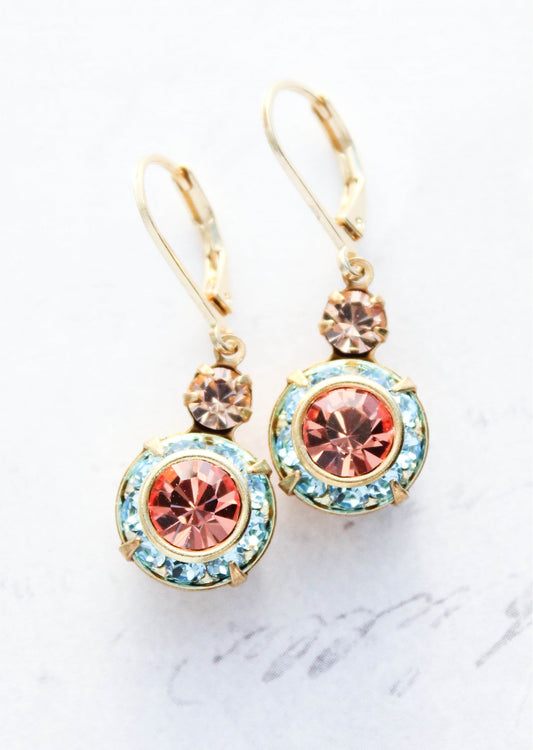 Art Deco Floral Earrings | Aqua and Peach