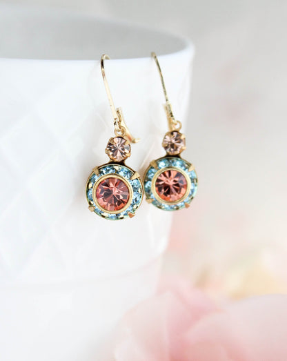Art Deco Floral Earrings | Aqua and Peach