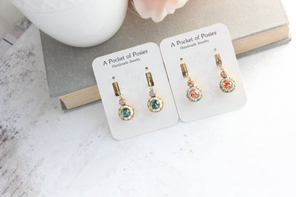Small Art Deco Floral Earrings | water opal glass and coral red