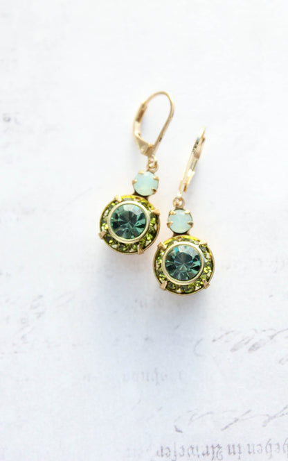 Art Deco Floral Earrings | Leaf Green & Erinite Blue Glass