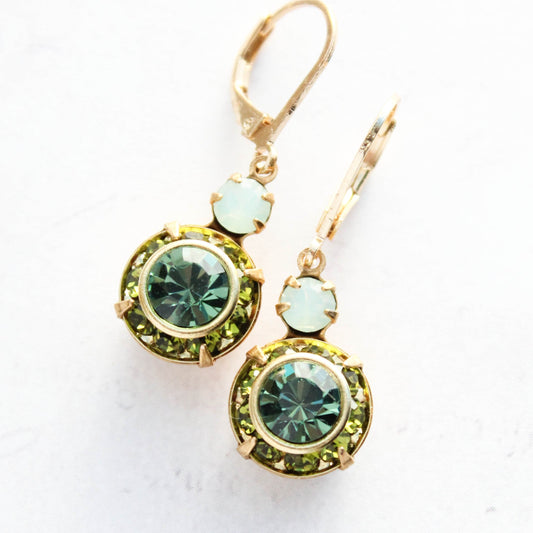 Art Deco Floral Earrings | Leaf Green & Erinite Blue Glass