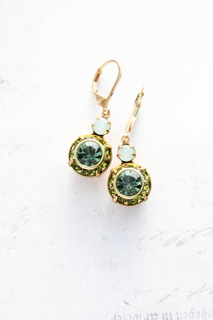 Art Deco Floral Earrings | Leaf Green & Erinite Blue Glass