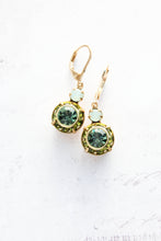 Load image into Gallery viewer, Art Deco Floral Earrings | Leaf Green &amp; Erinite Blue Glass