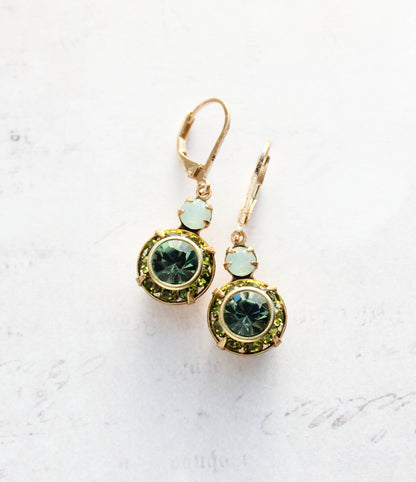 Art Deco Floral Earrings | Leaf Green & Erinite Blue Glass