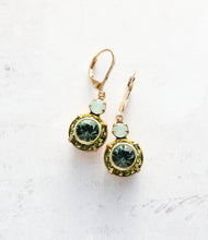 Load image into Gallery viewer, Art Deco Floral Earrings | Leaf Green &amp; Erinite Blue Glass
