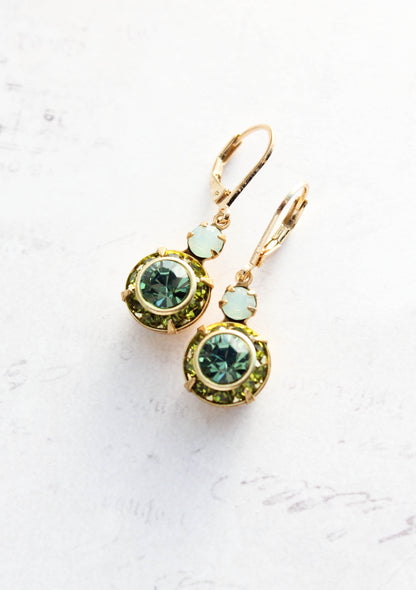 Art Deco Floral Earrings | Leaf Green & Erinite Blue Glass