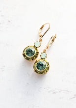 Load image into Gallery viewer, Art Deco Floral Earrings | Leaf Green &amp; Erinite Blue Glass