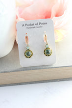 Load image into Gallery viewer, Art Deco Floral Earrings | Leaf Green &amp; Erinite Blue Glass