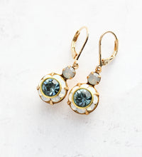 Load image into Gallery viewer, Art Deco Floral Earrings | White Opal and Dusty Sapphire Blue