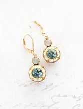 Load image into Gallery viewer, Art Deco Floral Earrings | White Opal and Dusty Sapphire Blue