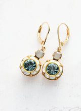 Load image into Gallery viewer, Art Deco Floral Earrings | White Opal and Dusty Sapphire Blue