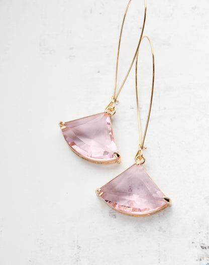 Large Art Deco Fan Glass Earrings | Pink Glass