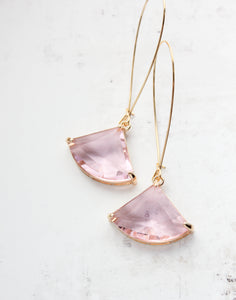 Large Art Deco Fan Glass Earrings | Pink Glass
