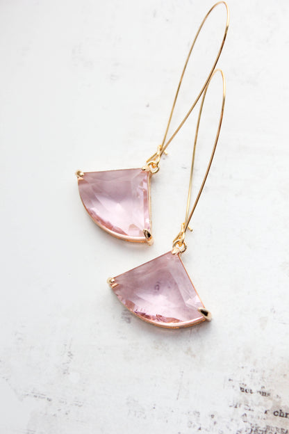Large Art Deco Fan Glass Earrings | Pink Glass