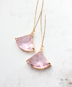 Large Art Deco Fan Glass Earrings | Pink Glass