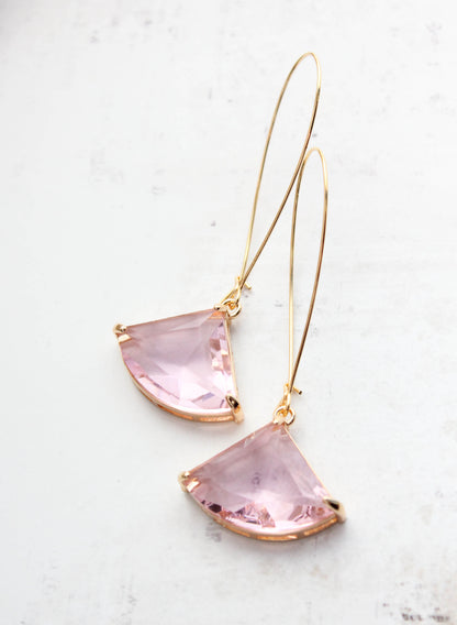 Large Art Deco Fan Glass Earrings | Pink Glass
