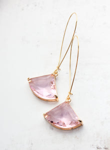 Large Art Deco Fan Glass Earrings | Pink Glass