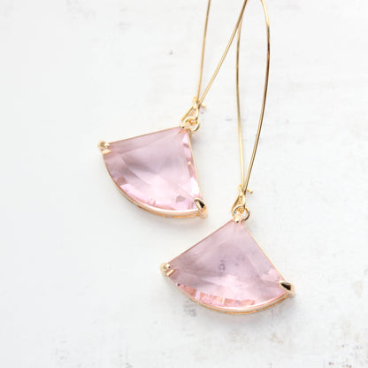 Large Art Deco Fan Glass Earrings | Pink Glass
