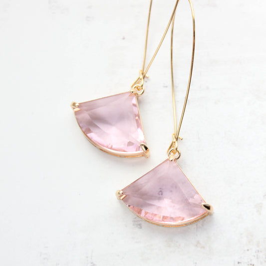 Large Art Deco Fan Glass Earrings | Pink Glass