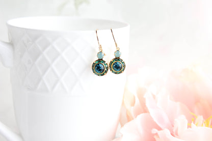 Art Deco Floral Earrings | Dark Teal & Emerald Green Glass