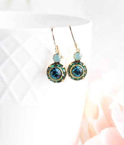 Art Deco Floral Earrings | Dark Teal & Emerald Green Glass