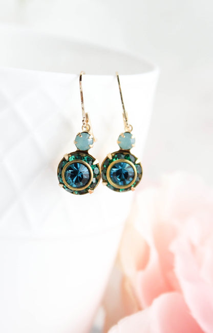 Art Deco Floral Earrings | Dark Teal & Emerald Green Glass