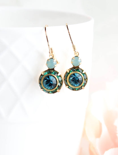 Art Deco Floral Earrings | Dark Teal & Emerald Green Glass