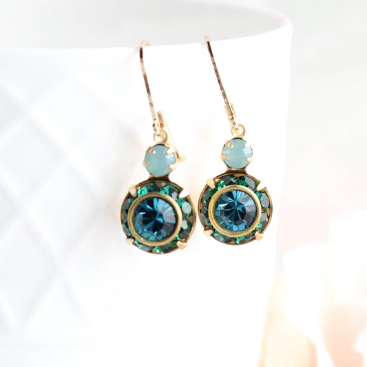 Art Deco Floral Earrings | Dark Teal & Emerald Green Glass