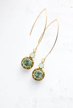 Load image into Gallery viewer, Art Deco Floral Earrings | Leaf Green &amp; Erinite Blue Glass