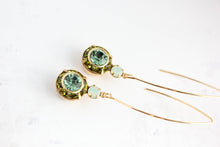 Load image into Gallery viewer, Art Deco Floral Earrings | Leaf Green &amp; Erinite Blue Glass