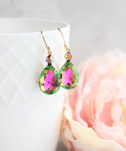 Load image into Gallery viewer, Aurora Glass Teardrop Earrings | Pink and Green