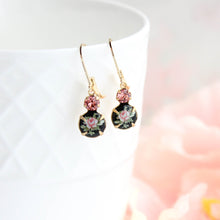 Load image into Gallery viewer, Black and Pink Rose Earrings | gold lever backs