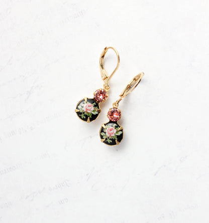 Black and Pink Rose Earrings | gold lever backs