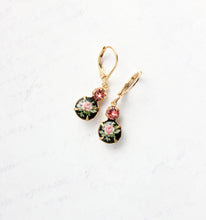 Load image into Gallery viewer, Black and Pink Rose Earrings | gold lever backs