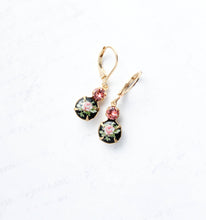 Load image into Gallery viewer, Black and Pink Rose Earrings | gold lever backs