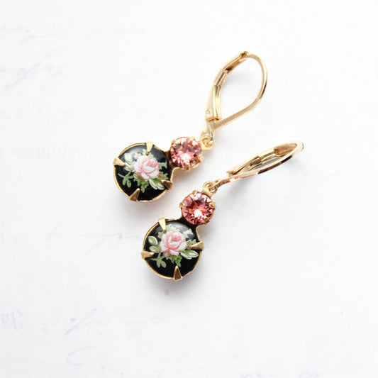 Black and Pink Rose Earrings | gold lever backs