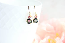 Load image into Gallery viewer, Black and Pink Rose Earrings | gold lever backs